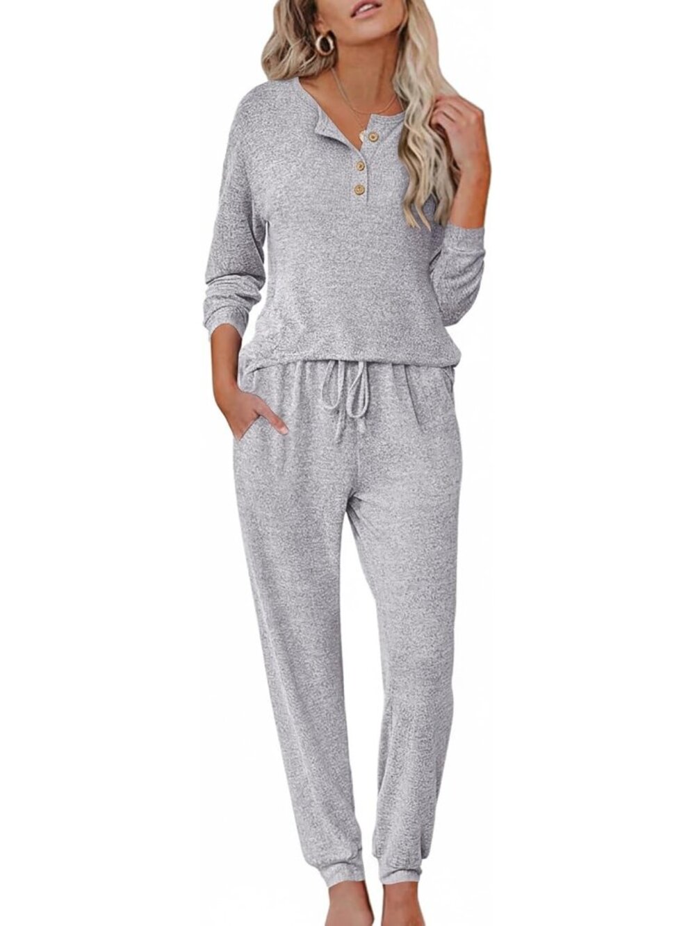 Women's Light Grey Henley Neck Long Sleeve Casual Sleepwear 2 Piece Pajama Set